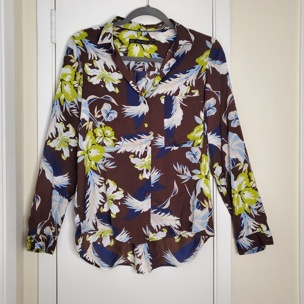 Zara Floral Button Down Long Sleeve Shirt Size XS